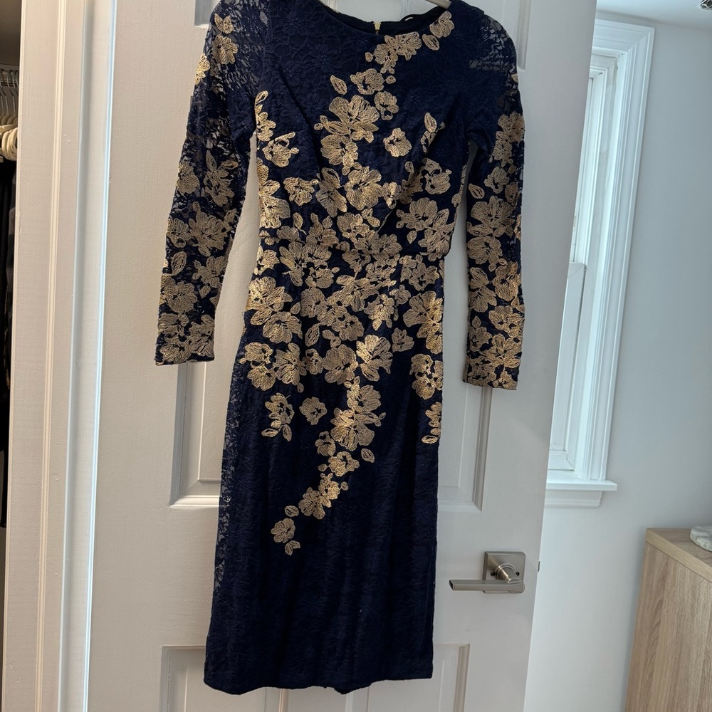 Elegant Long Sleeve Dress with Gold Floral Design
